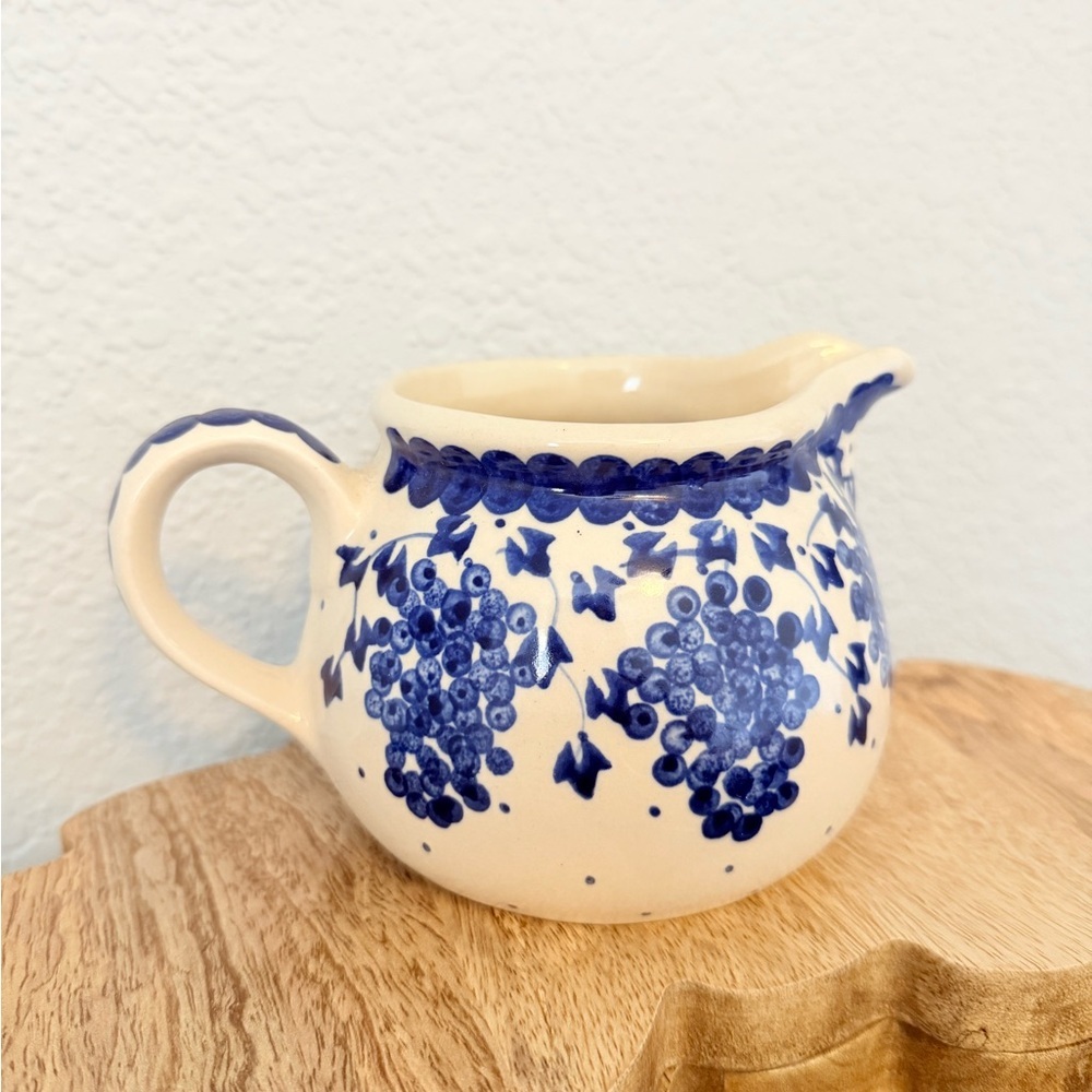 Vintage Handmade Polish Blue Grapes Ceramic Pitcher